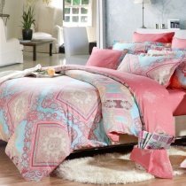 Light Blue Pink and Coral Red Indian Tribal Print Full, Queen Size Girls Bedroom Bedding Sets