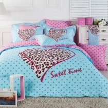 Light BLue Pink and Brown Leopard, Cheetah and Polka Dot Print Princess Themed Girls Full, Queen Size Bedding Sets