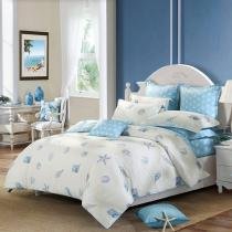 Off-white and Blue Ocean Style Marine Life Seashell and Starfish Print Beach Themed Full, Queen Size 100% Cotton Bedding Sets