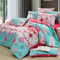 Aqua Blue and Coral Red Fashion Abstract Cute Flower Print Twin, Full Size 100% Cotton Bedding for Kid Girs