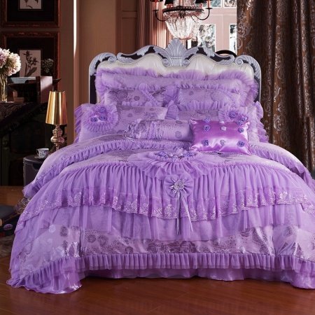 Girls Purple Victorian Rose Embroidery Sequin Pattern Ruffle and Lace Design Princess Themed Girls Full, Queen Size Bedding Sets