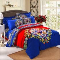 Royal Blue Red and Yellow Colorful Bohemian Style Folklore Pattern Indian Tribal Print Fantasy Brushed Cotton Full, Queen Size Bedding Sets