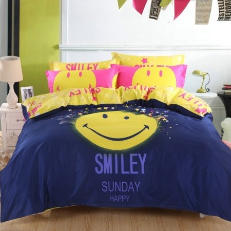 Deep Blue Yellow and Pink Smiley Face Print Trendy Vogue Hipster Style Unique Girls, Boys 100% Cotton Twin, Full, Queen Size Bedding Sets