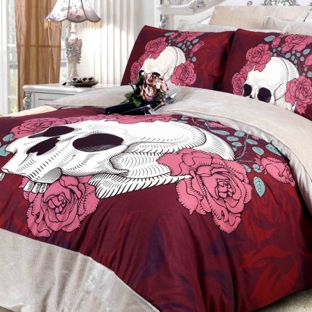 Maroon Rose Red and White Skull Print with Victorian Rose Sexy and Romantic Hipster Style Flannel Girls Full, Queen Size Bedding Sets