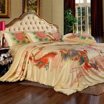 Gold Red and Green Dragon and Phoenix Print Oriental Style Noble Excellence Luxury 100% Mulberry Silk Full, Queen Size Bedding Sets