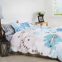 Boys Light Blue White and Coffee World Map Vintage Airplane Print Modern Chic Unique 100% Cotton Damask Full, Queen Size Bedding Sets