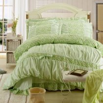 Girls Green Vintage Flower Print Ruffles Princess Style 100% Cotton Full, Queen Size Bedding Sets