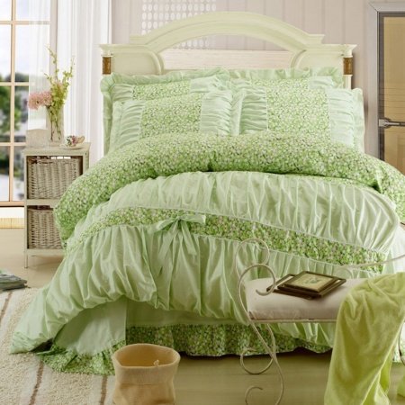 Girls Green Vintage Flower Print Ruffles Princess Style 100% Cotton Full, Queen Size Bedding Sets