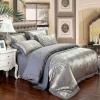 Slate Gray and Silver Retro Style Tribal Pattern Abstract Design Old World Embroidered Jacquard Satin Full, Queen Size Bedding Sets