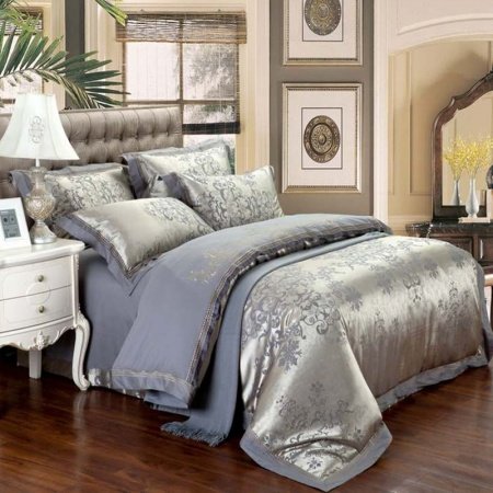 Slate Gray and Silver Retro Style Tribal Pattern Abstract Design Old World Embroidered Jacquard Satin Full, Queen Size Bedding Sets