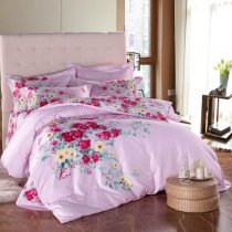 Pale Pink Red and Green Colorful Peach Blossom Print Full, Queen Size Girls Bedroom 100% Cotton Bedding Sets