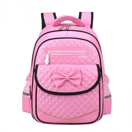 Pink Patent Leather with Black Trim Personalized Bow Flap School Backpack Durable Sewing Pattern Quilted Girls Preppy Campus Book Bag