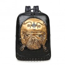 Punk Style Metallic Gold Black Leather Cool Boys School Campus Book Bag Embossed Dog Pattern Spikes Rivet Studded Travel Laptop Backpack