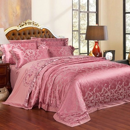 Fuchsia Purple Vintage Victorian Scroll Pattern Sequin Embroidered Design Luxury Jacquard Satin Full, Queen Size Bedding Sets