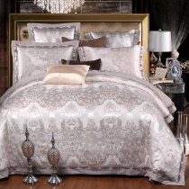 Luxury Silver White Rococo Pattern Vintage BOHO Chic Western Style Sequin Jacquard Satin Full, Queen Size Bedding Sets