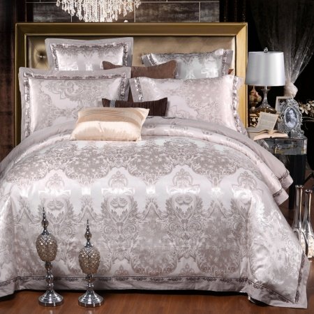Luxury Silver White Rococo Pattern Vintage BOHO Chic Western Style Sequin Jacquard Satin Full, Queen Size Bedding Sets