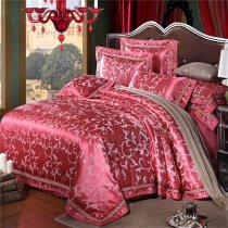 Burgundy Red and Silver Bling Scroll Design Classic Style Elegant Girls Noble Jacquard Satin Fabric Full, Queen Size Bedding Sets