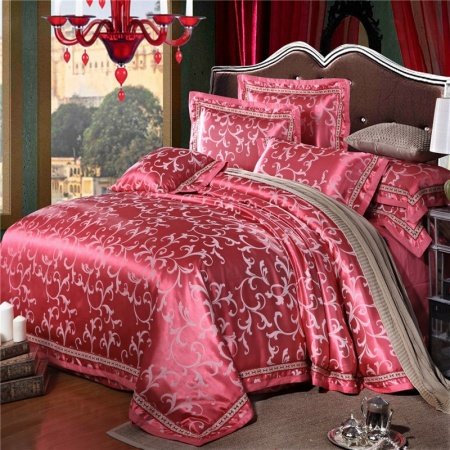 Burgundy Red and Silver Bling Scroll Design Classic Style Elegant Girls Noble Jacquard Satin Fabric Full, Queen Size Bedding Sets