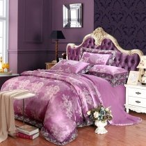 Plum and Silver Flower and Paisley Pattern Victorian Lace Design Retro Style Asian Inspired Jacquard Satin Full, Queen Size Bedding Sets