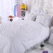 Girls Off-white Rosette Pattern Gathered Ruffled Design Princess Style Stylish Romantic 100% Cotton Twin, Full, Queen Size Bedding Sets