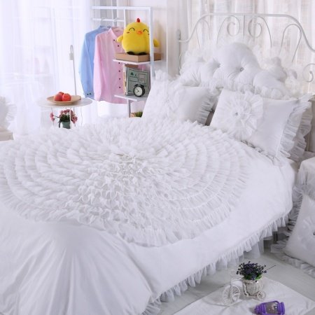 Girls Off-white Rosette Pattern Gathered Ruffled Design Princess Style Stylish Romantic 100% Cotton Twin, Full, Queen Size Bedding Sets