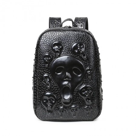 Black Patent Leather Embossed Crocodile Masculine Travel Backpack Punk Rock and Roll Style Skull Rivet Studded Cool Boys School Book Bag