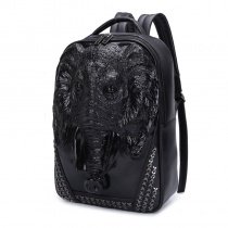 Unusual Black Patent Leather Embossed Elephant Cool Boys School Book Bag Punk Rock and Roll Style Rivet Studded Large Travel Backpack