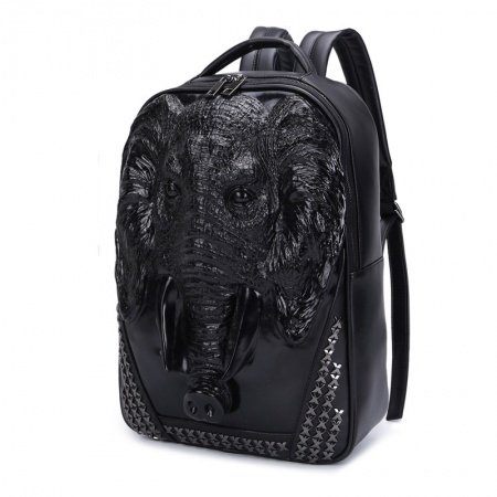 Unusual Black Patent Leather Embossed Elephant Cool Boys School Book Bag Punk Rock and Roll Style Rivet Studded Large Travel Backpack