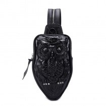 Black Leather Embossed Owl Women Small Crossbody Shoulder Chest Bag Punk Rock and Roll Style Rhinestone Casual Travel Sling Backpack