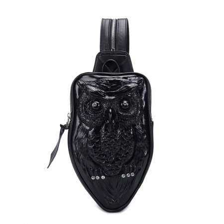 Black Leather Embossed Owl Women Small Crossbody Shoulder Chest Bag Punk Rock and Roll Style Rhinestone Casual Travel Sling Backpack