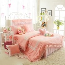 Sophisticated Elegant Coral Pink and White Vintage Victorian Lace Gathered Noble Excellence Girls Cotton Full, Queen Size Bedding Sets