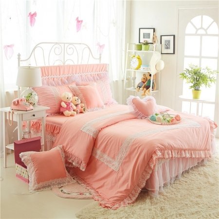 Sophisticated Elegant Coral Pink and White Vintage Victorian Lace Gathered Noble Excellence Girls Cotton Full, Queen Size Bedding Sets