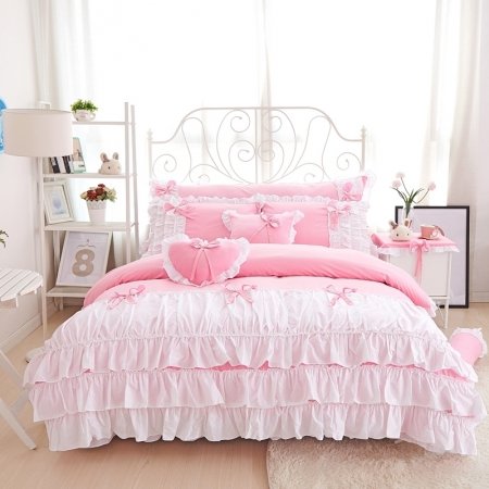 Hipster Blush Pink and White Unusual Waterfall Frilly Ruffle Sophisticated Elegant Girls Cotton Twin, Full, Queen Size Bedding Sets