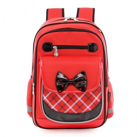 Coral Red Nylon with Black Leather Bow Elegant Girly Girls School Book Bag Personalized Rugged Plaid Print Pupil Preppy Campus Backpack