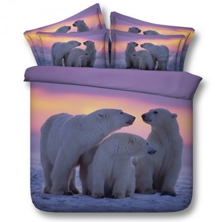 White Grey and Purple Polar Bear Print Arctic Scene Animal Themed 3D Design Twin, Full, Queen, King Size Bedding Sets