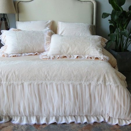 Luxury Champagne and White Romantic Wedding Themed Sophisticated Elegant Lace and Ruffle Full, Queen Size Bedding Sets