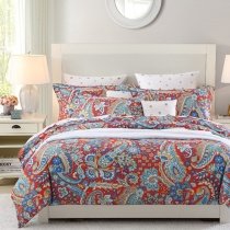 Bohemian Style Navy Blue Gold Red White and Aqua Rustic Western Pop Paisley and Floral Print Vintage Folklore Queen Size Bedding Sets