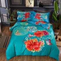 Orange and Teal Floral and Butterfly Print Asian Inspired Tropical Country Chic Full, Queen Size Bedding Sets