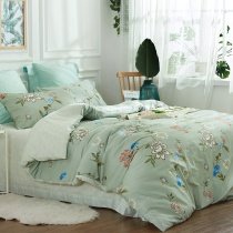 Mint Green Brown Blue and White Wildflower Print French Country Chic Soft Full, Queen Size Bedding Sets
