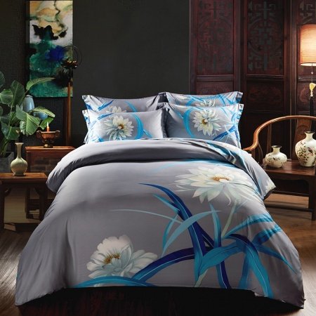Peacock Blue White and Gray Wildflower Print Vintage Rustic Chic Fancy and Unique Full, Queen Size Bedding Sets
