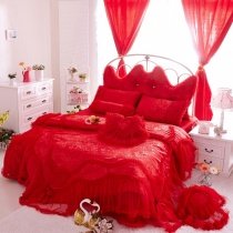 Trendy Red Girls Frilly Vintage Lace Design Noble Excellence Feminine Feel Twin, Full, Queen Size Bedding Sets
