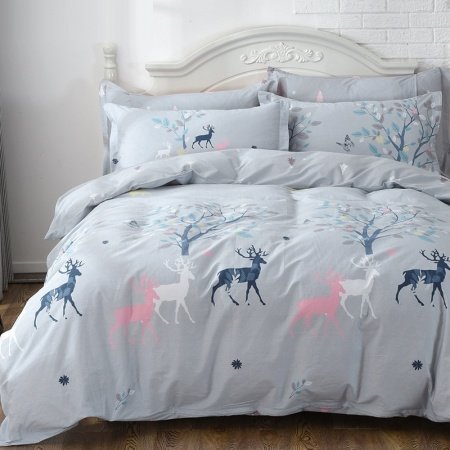 Pink Gray and Blue Deer and Tree Print Jungle Safari Animal Themed Shabby Chic Full, Queen Size Bedding Sets for Teens
