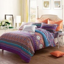 Southwestern Orange Purple Gold and Aqua Blue Aztec Tribal and Striped Print Bohemian Gypsy Style Full, Queen Size Bedding Sets