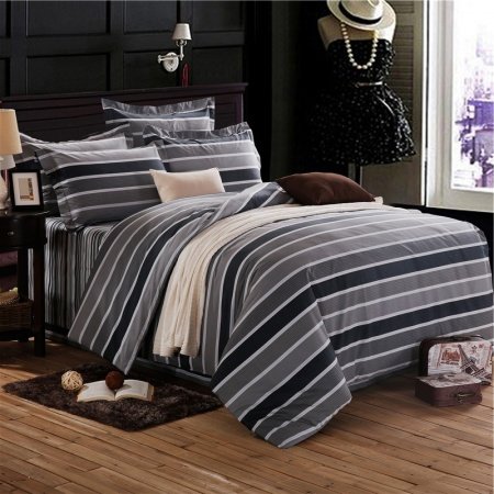 Black White and Taupe and Dark Gray Pinstripe and Rugby Stripe Print Simply Shabby Chic Full, Queen Size Bedding Sets