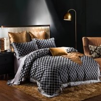 Black Gray and Gold Checkered Plaid Print Luxury Jacquard Satin Full, Queen Size Bedding Sets
