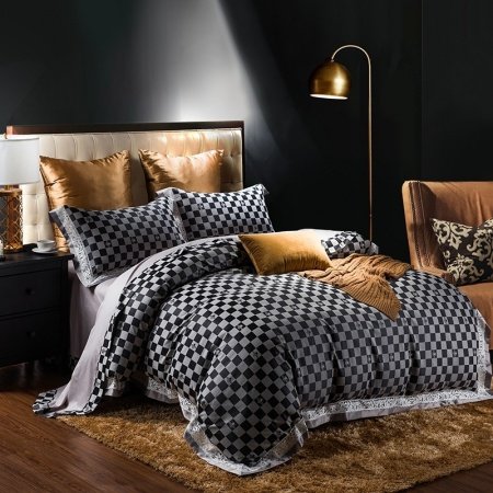 Black Gray and Gold Checkered Plaid Print Luxury Jacquard Satin Full, Queen Size Bedding Sets
