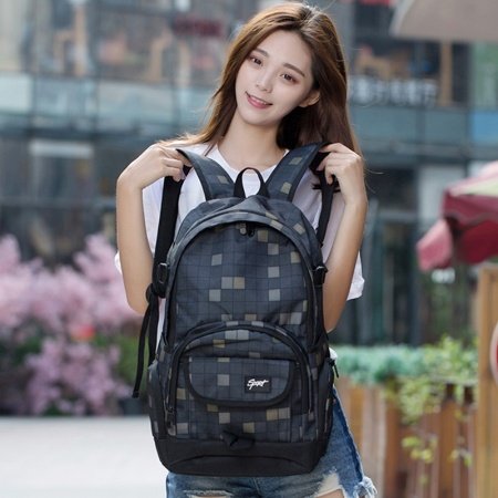 Vintage Oversized Black Oxford Senior Large Campus Book Bag Geometric Plaid Print Anti Theft Boys High School Backpack