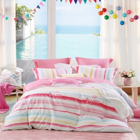 Candy Color Striped Pastel Style Girls Twin, Full, Queen Size Bedding Sets