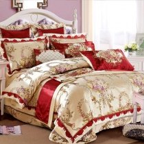 Red and Gold Flower Shiny Glam Royal Style Full, Queen Size Bedding Sets