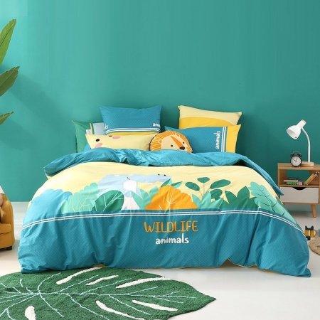 Green and Yellow Hippo Print Jungle Animal Themed Full, Queen Size Bedding Sets for Kids Children Girls Boys